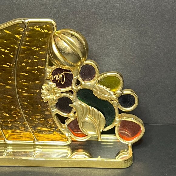 Vintage Rare Unique Gold Tone Stained Glass Free Standing Cornucopia 3.25 x 6.5" - Picture 3 of 9